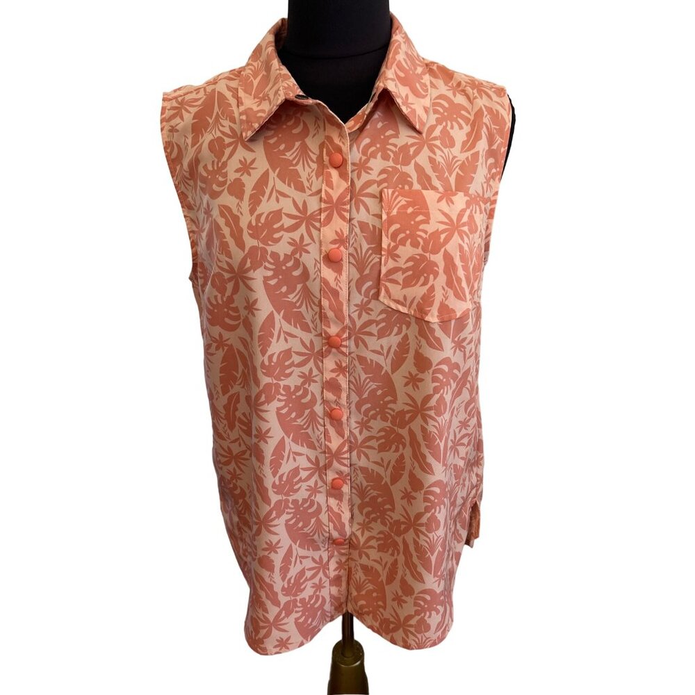 XCaster Outdoor Salmon Leaf Print Sleeveless Snap Front UPF Protection Top, Medi